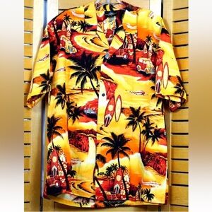 Vintage Royal Creations Hawaiian Shirt Mens Size XL Surfboards Planes Cars Plams
